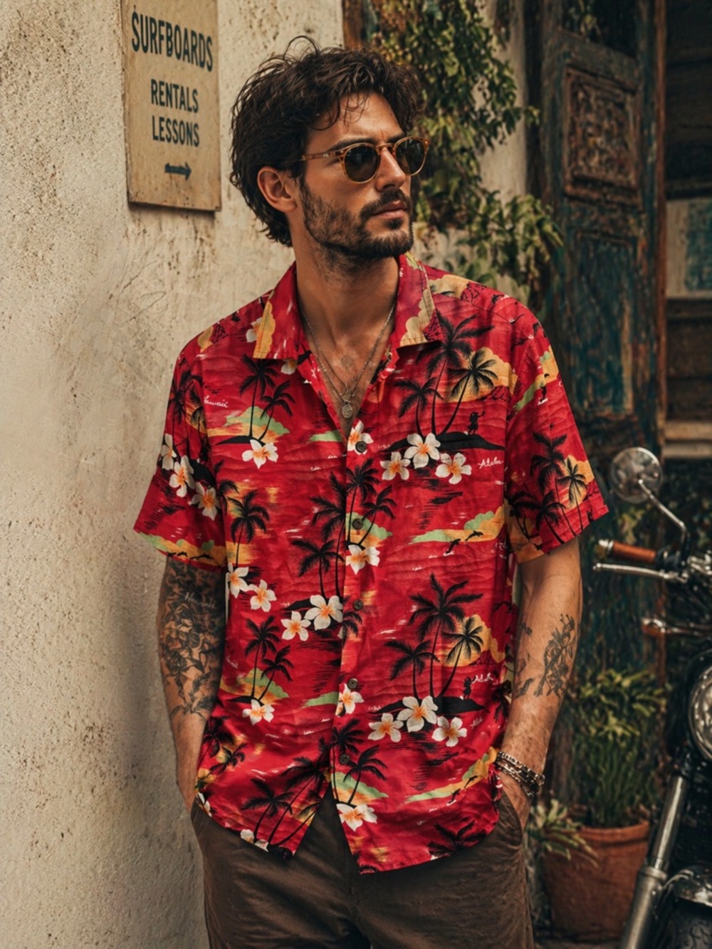 Vintage Winnie Fashion red Hawaiian Floral Short-Sleeve Shirt size S
